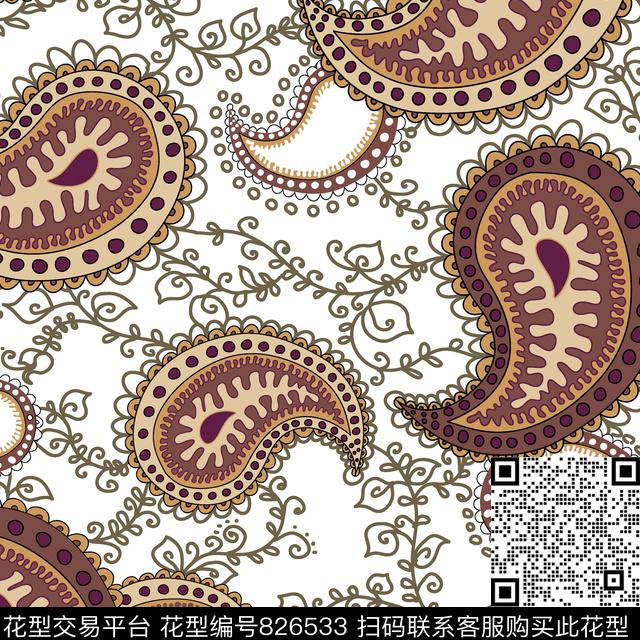 线条火腿花腰果传统印花华亿平台下载（图片编号: 826533） - 瓦栏（Walan）