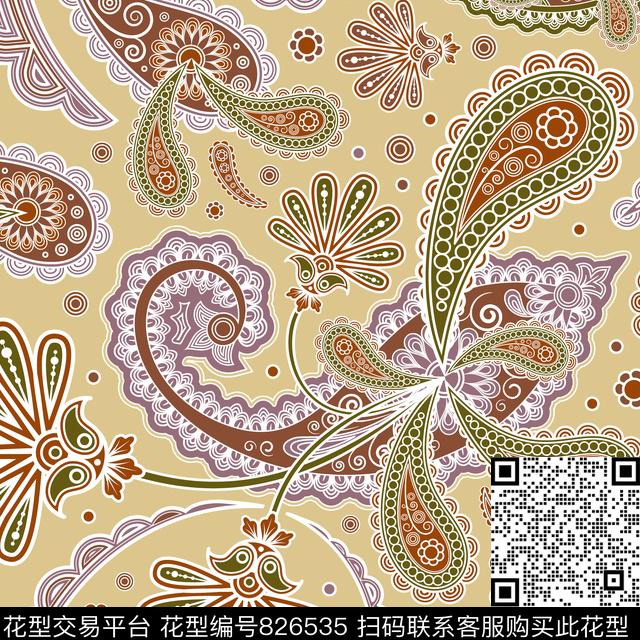 线条火腿花腰果传统印花华亿平台下载（图片编号: 826535） - 瓦栏（Walan）