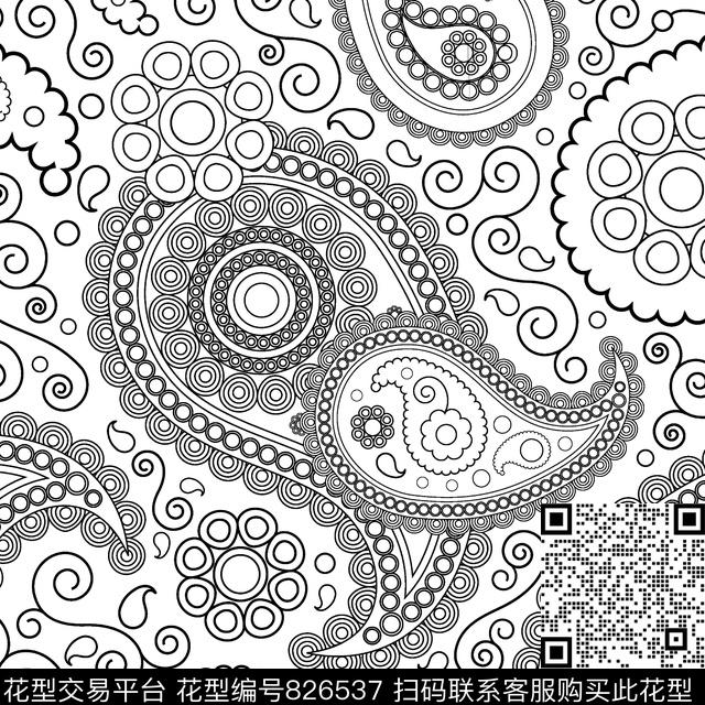 线条火腿花腰果传统印花华亿平台下载（图片编号: 826537） - 瓦栏（Walan）