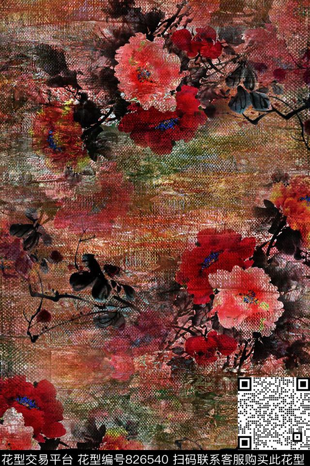 香云纱花卉枝叶数码印花华亿平台下载（图片编号: 826540） - 瓦栏（Walan）