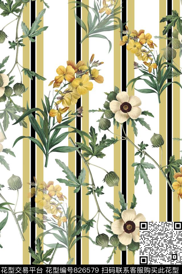 花卉大花线条数码印花华亿平台下载（图片编号: 826579） - 瓦栏（Walan）