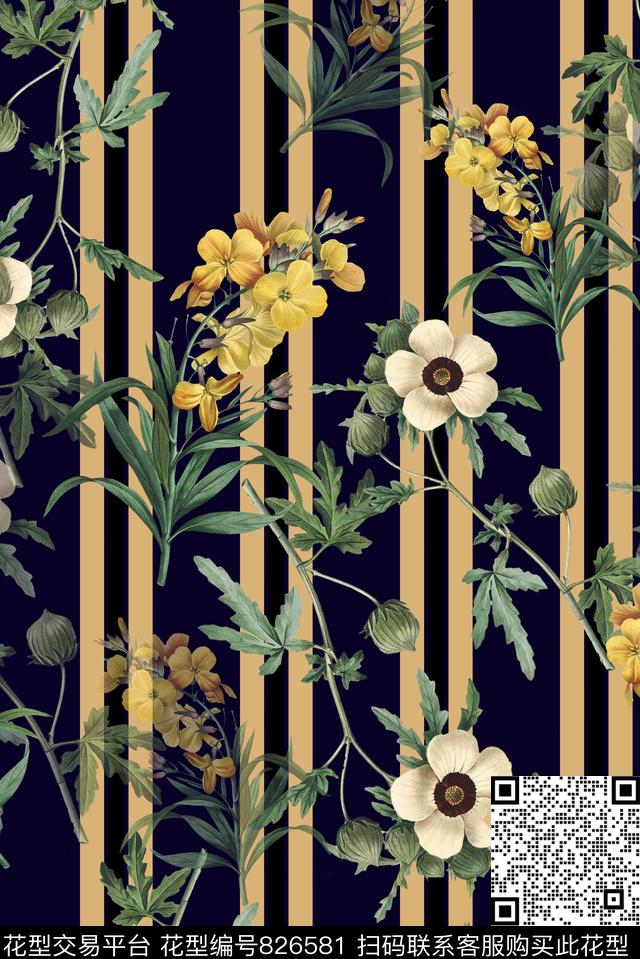 花卉大花线条数码印花华亿平台下载（图片编号: 826581） - 瓦栏（Walan）