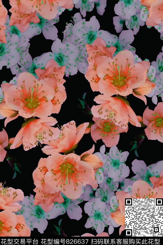 大花花朵花卉数码印花华亿平台下载（图片编号: 826637） - 瓦栏（Walan）