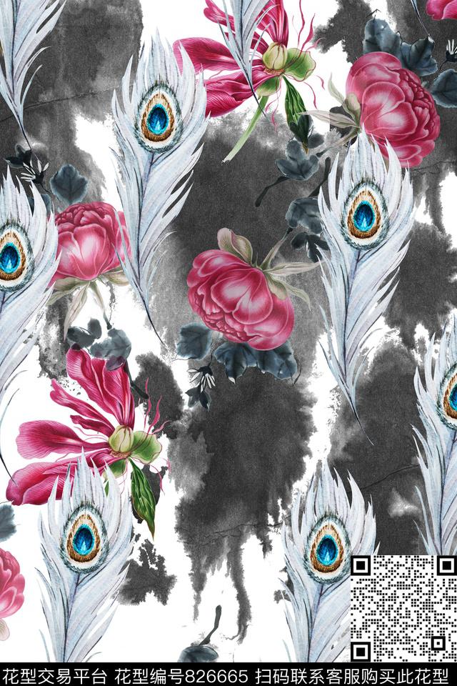 羽毛花卉水墨数码印花华亿平台下载（图片编号: 826665） - 瓦栏（Walan）