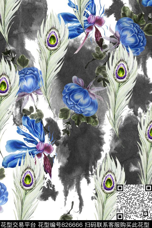 羽毛花卉水墨数码印花华亿平台下载（图片编号: 826666） - 瓦栏（Walan）