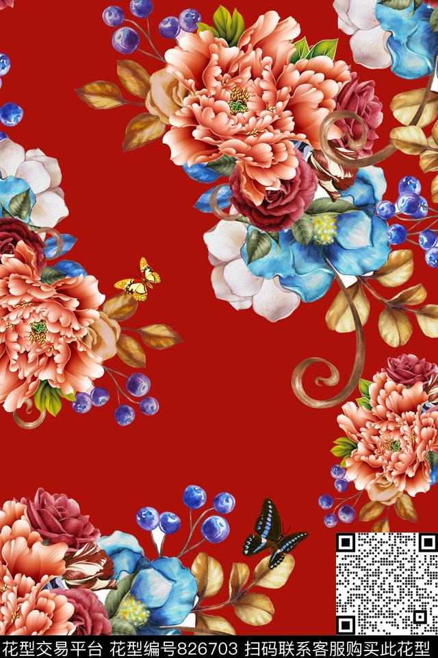 牡丹花蝴蝶碎花数码印花华亿平台下载（图片编号: 826703） - 瓦栏（Walan）
