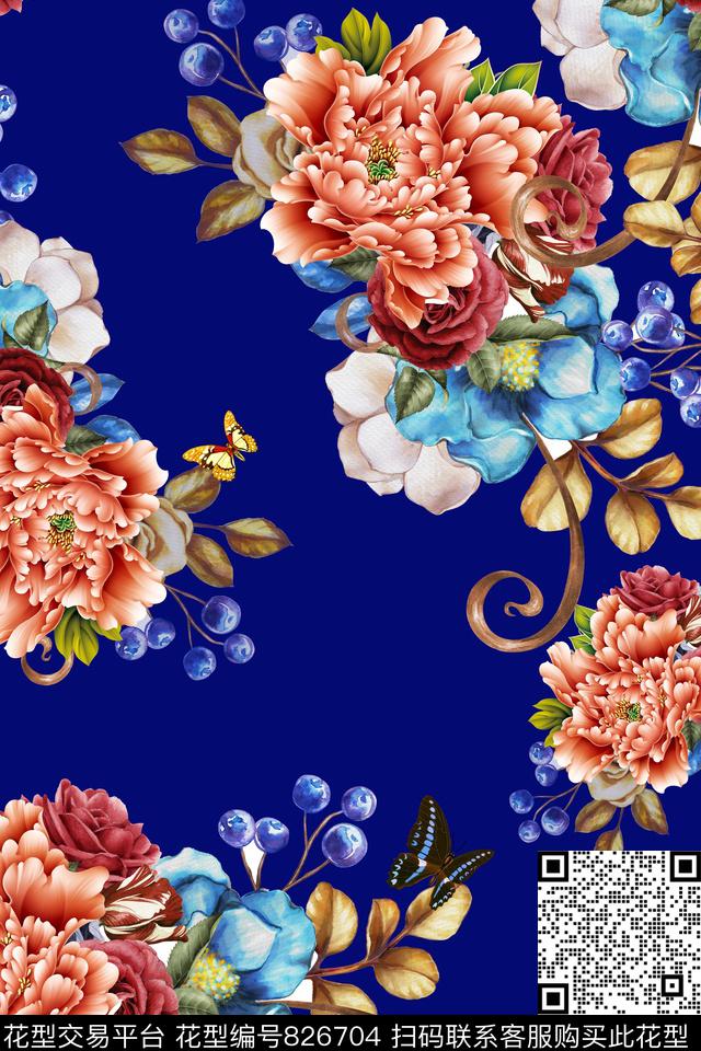 牡丹花蝴蝶碎花数码印花华亿平台下载（图片编号: 826704） - 瓦栏（Walan）
