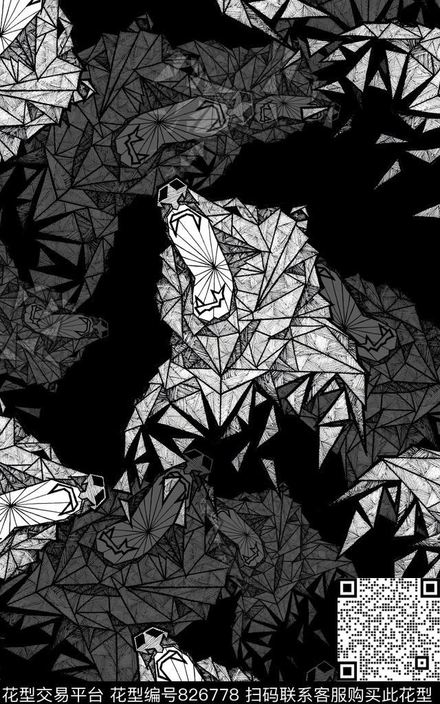 抽象手绘几何动物纹理数码印花时尚潮流女装裙子熊头印花欧美复古大牌印花风格传统印花华亿平台下载（图片编号: 826778） - 瓦栏（Walan）