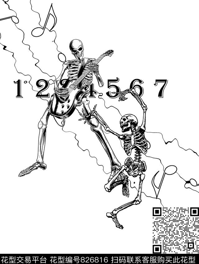 骷髅头吉他几何数码印花华亿平台下载（图片编号: 826816） - 瓦栏（Walan）
