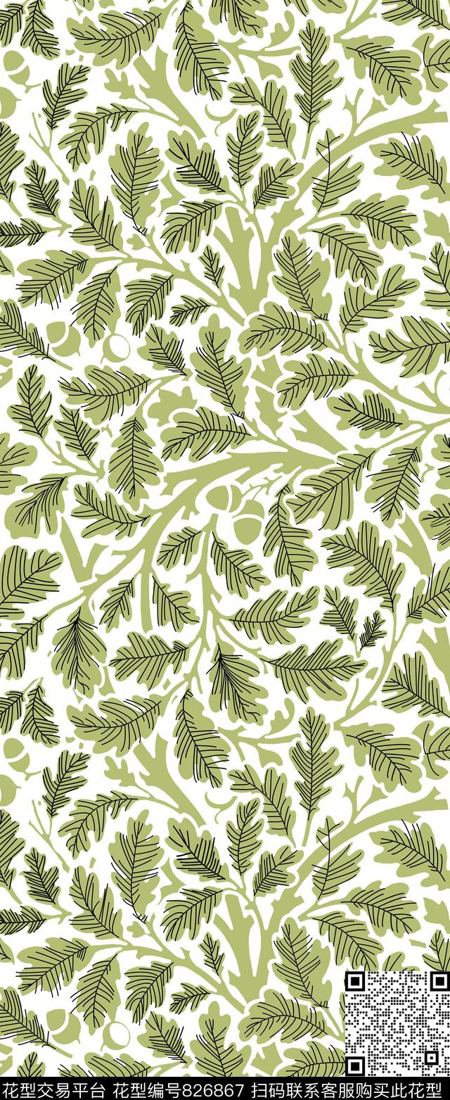 叶子剪影线描传统印花华亿平台下载（图片编号: 826867） - 瓦栏（Walan）