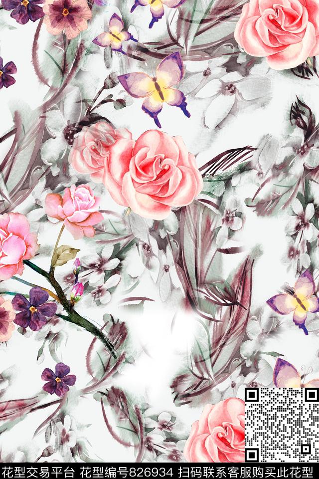 花卉肌理蝴蝶数码印花华亿平台下载（图片编号: 826934） - 瓦栏（Walan）