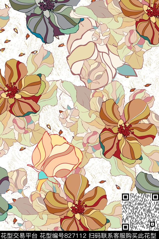 大花花朵花卉传统印花华亿平台下载（图片编号: 827112） - 瓦栏（Walan）