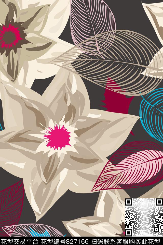 大花花朵花卉传统印花华亿平台下载（图片编号: 827166） - 瓦栏（Walan）