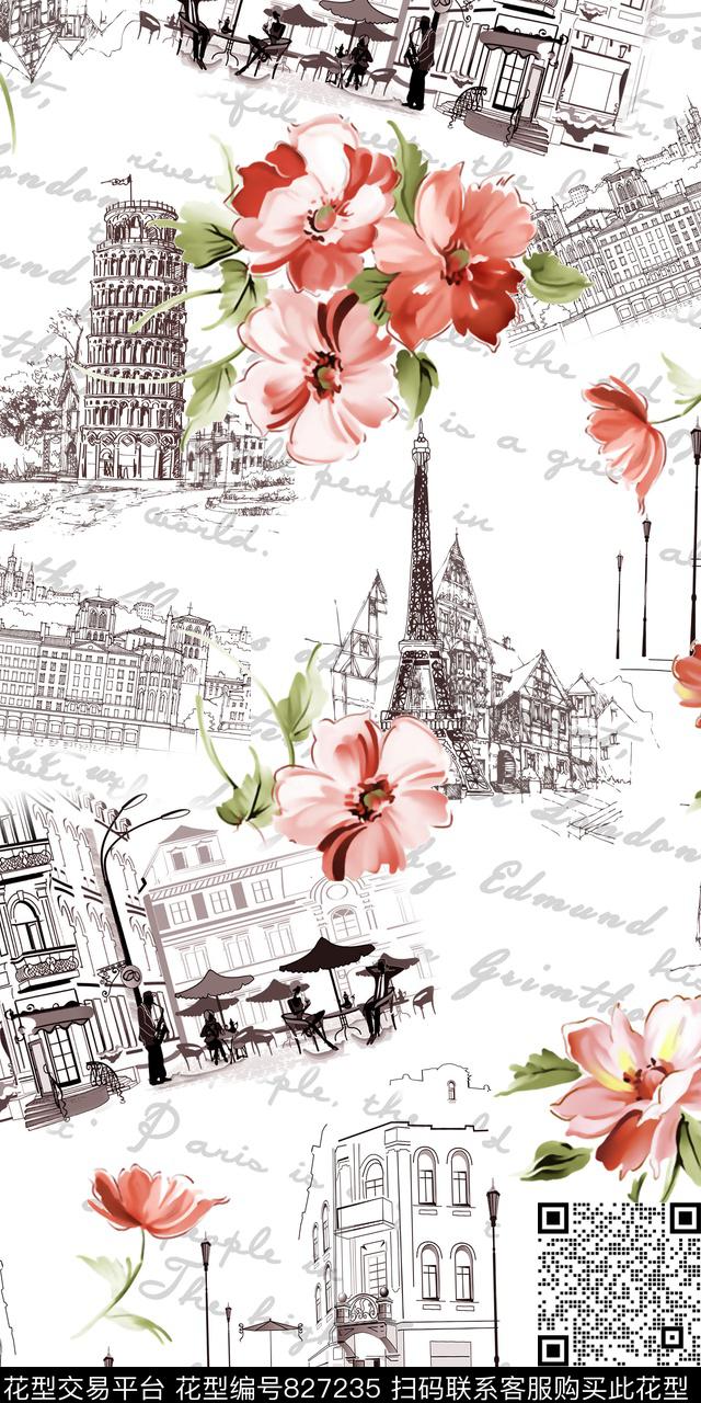 花卉花朵建筑传统印花华亿平台下载（图片编号: 827235） - 瓦栏（Walan）