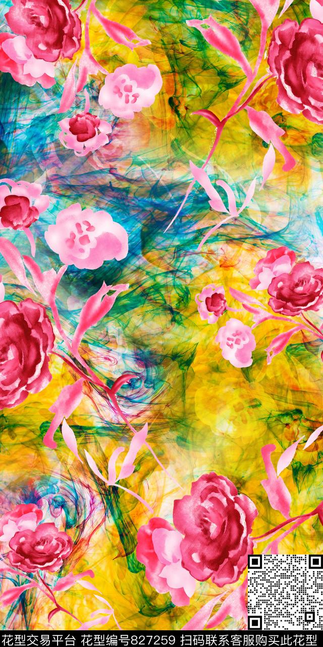 数码花水彩花卉满版散花数码印花华亿平台下载（图片编号: 827259） - 瓦栏（Walan）