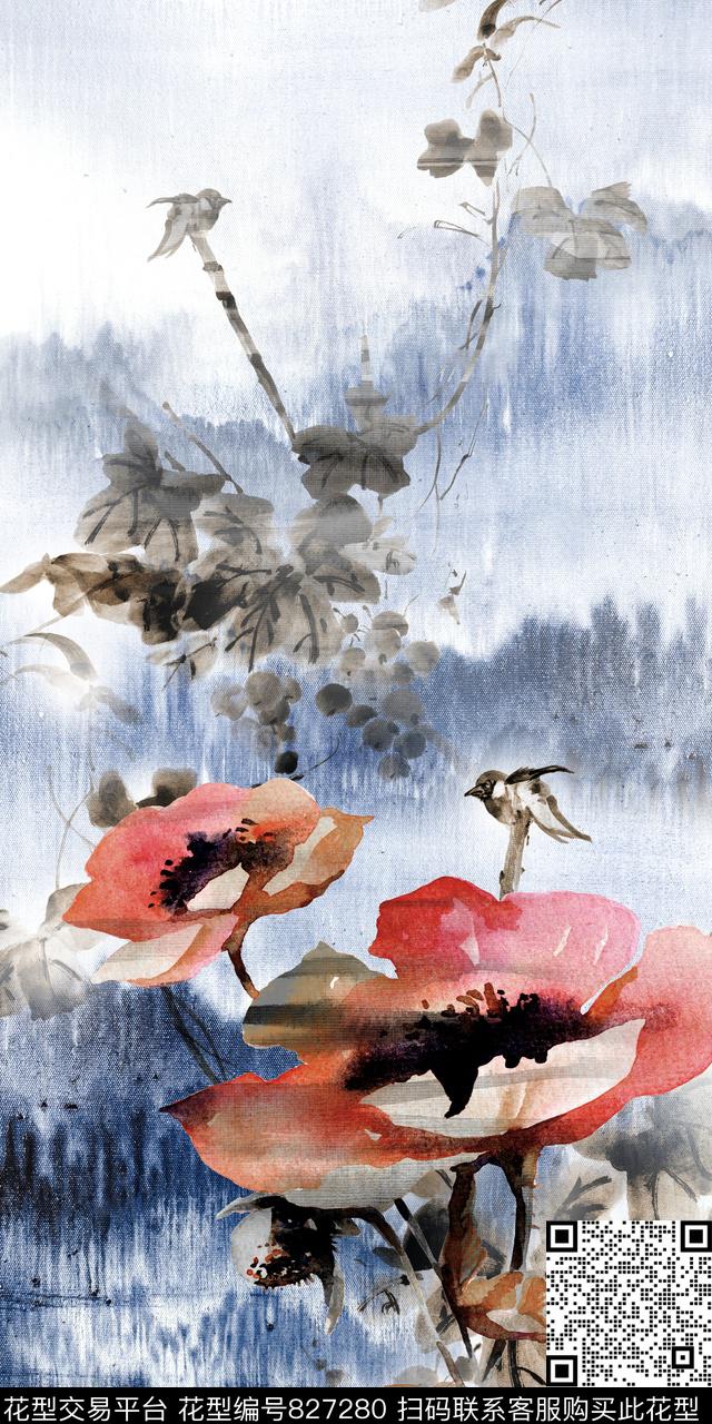 晕染花朵花卉数码印花华亿平台下载（图片编号: 827280） - 瓦栏（Walan）