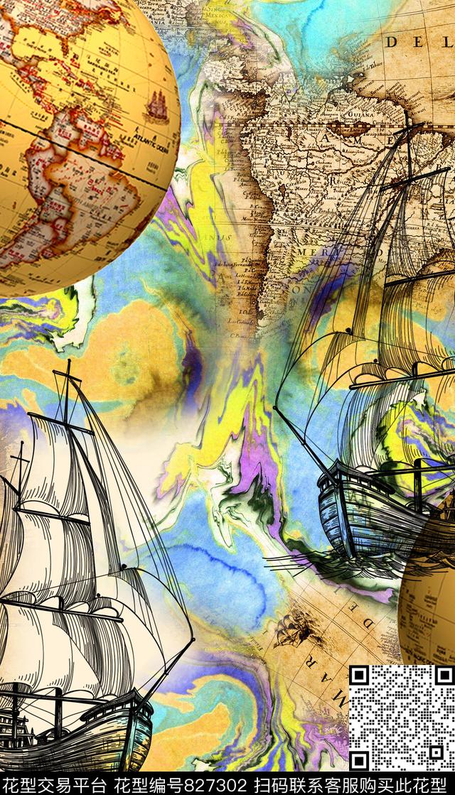 航海帆船地图数码印花华亿平台下载（图片编号: 827302） - 瓦栏（Walan）