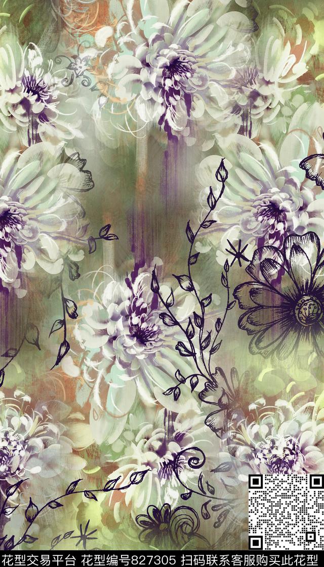 水彩花卉植物数码印花华亿平台下载（图片编号: 827305） - 瓦栏（Walan）