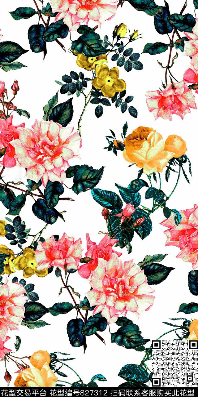 花朵花卉树叶数码印花华亿平台下载（图片编号: 827312） - 瓦栏（Walan）