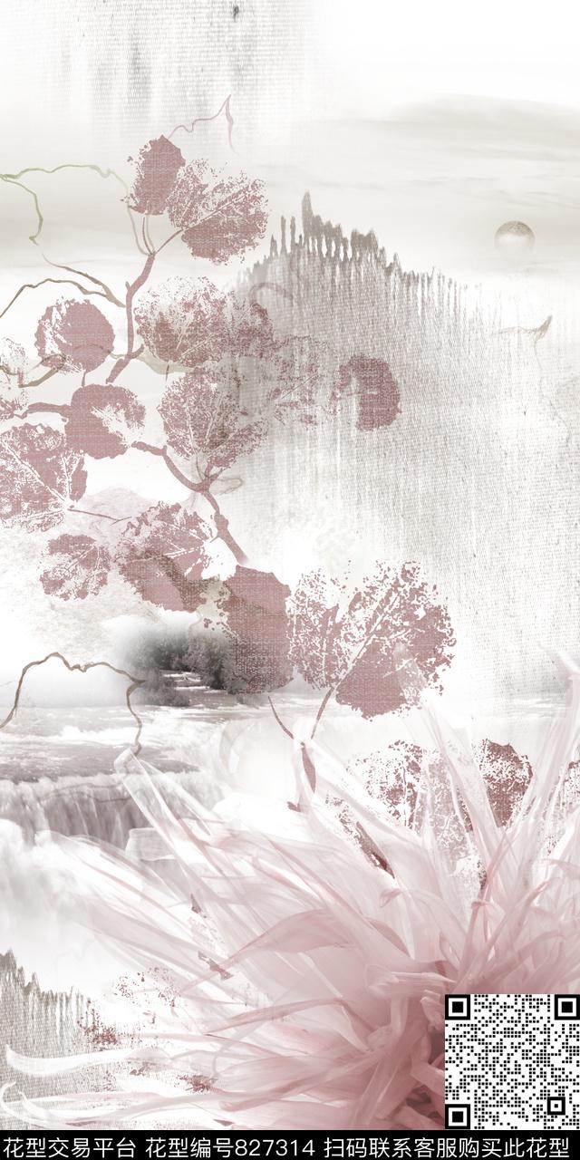 晕染花朵花卉数码印花华亿平台下载（图片编号: 827314） - 瓦栏（Walan）