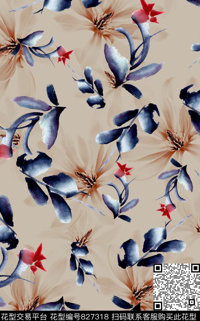 花朵花卉水墨数码印花华亿平台下载（图片编号: 827318） - 瓦栏（Walan）