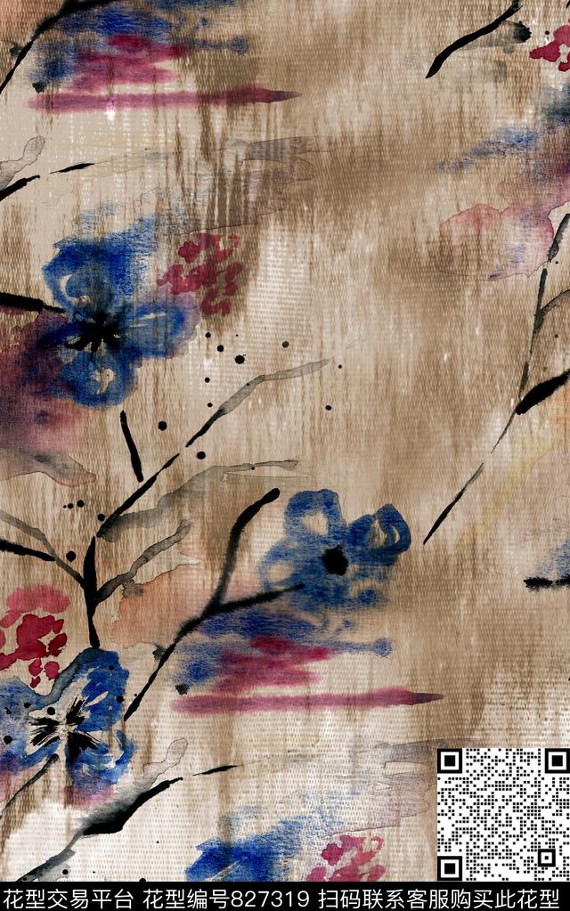 水墨花卉晕染数码印花华亿平台下载（图片编号: 827319） - 瓦栏（Walan）
