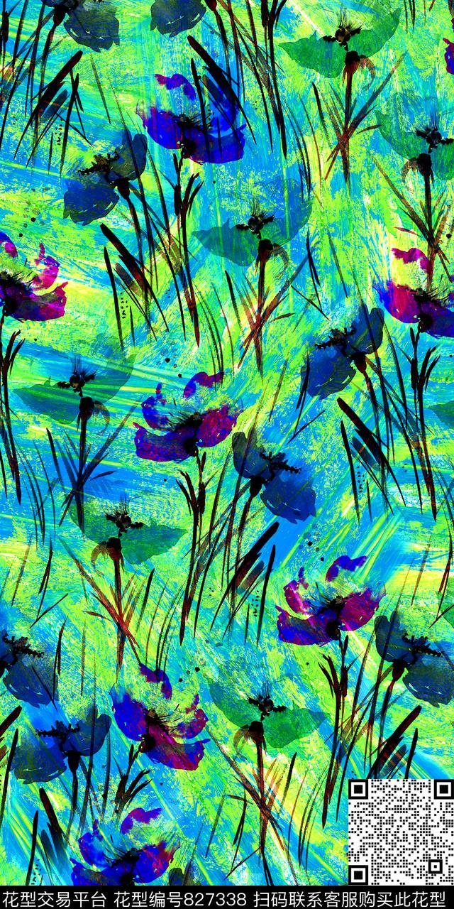 花卉抽象水彩数码印花华亿平台下载（图片编号: 827338） - 瓦栏（Walan）