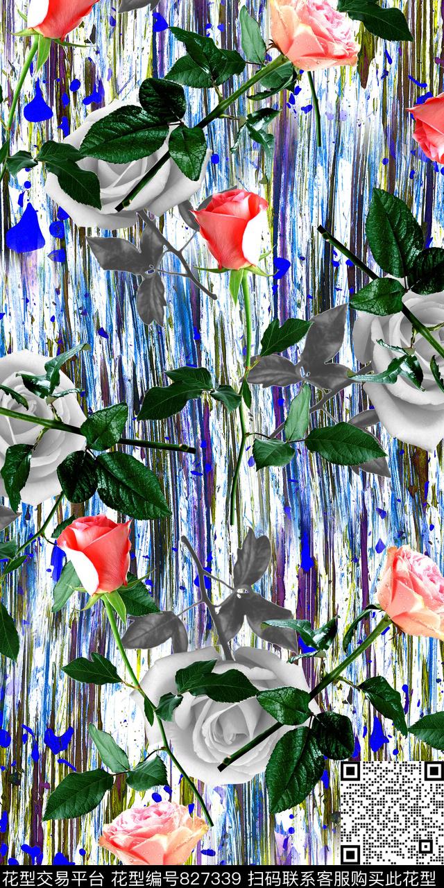 玫瑰花卉抽象数码印花华亿平台下载（图片编号: 827339） - 瓦栏（Walan）