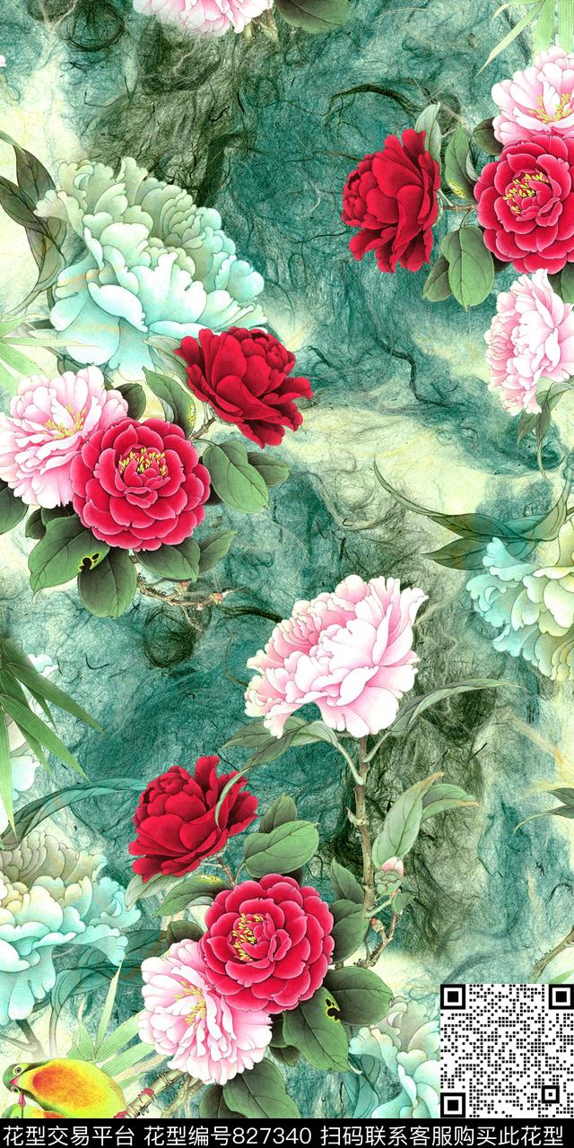 大花花卉花朵数码印花华亿平台下载（图片编号: 827340） - 瓦栏（Walan）