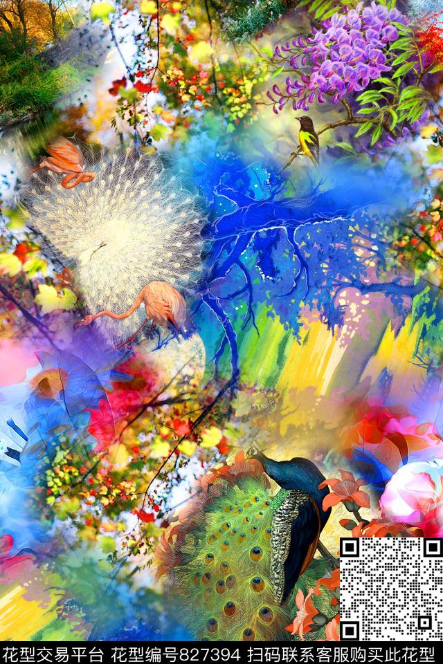 油画抽象孔雀数码印花华亿平台下载（图片编号: 827394） - 瓦栏（Walan）