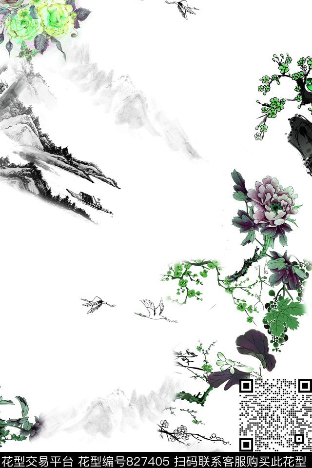 中国风水墨仙鹤数码印花华亿平台下载（图片编号: 827405） - 瓦栏（Walan）