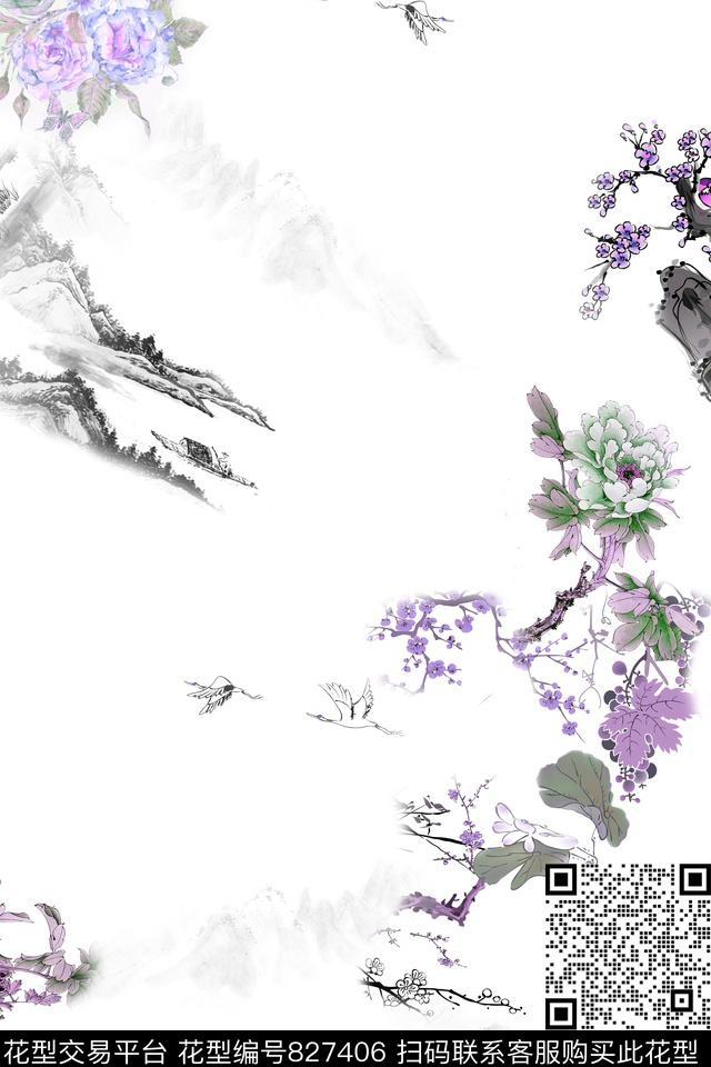 中国风水墨仙鹤数码印花华亿平台下载（图片编号: 827406） - 瓦栏（Walan）