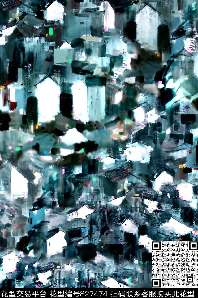 国画中国风水墨建筑数码印花华亿平台下载（图片编号: 827474） - 瓦栏（Walan）