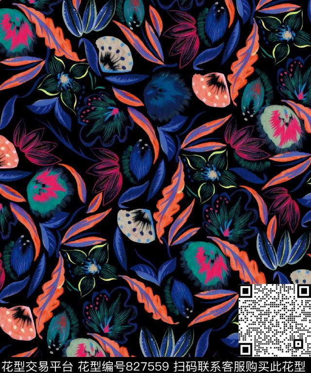 笔刷热带天堂鸟花数码印花华亿平台下载（图片编号: 827559） - 瓦栏（Walan）