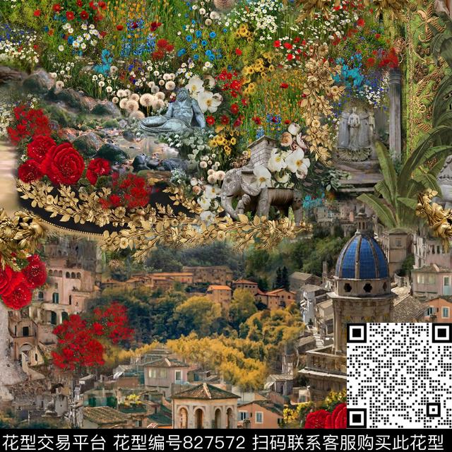 花卉建筑风景数码印花华亿平台下载（图片编号: 827572） - 瓦栏（Walan）