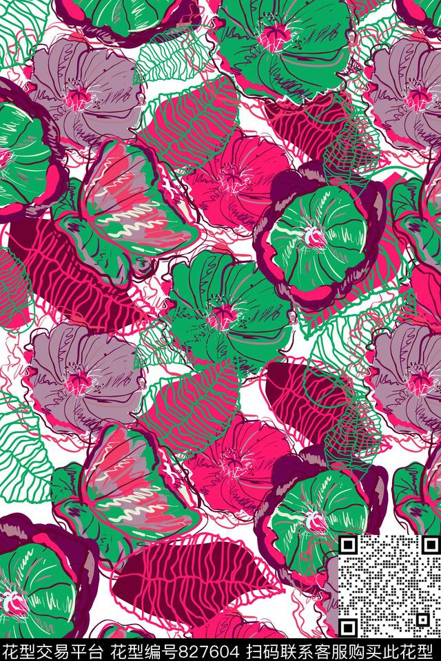 叶子大花花朵传统印花华亿平台下载（图片编号: 827604） - 瓦栏（Walan）
