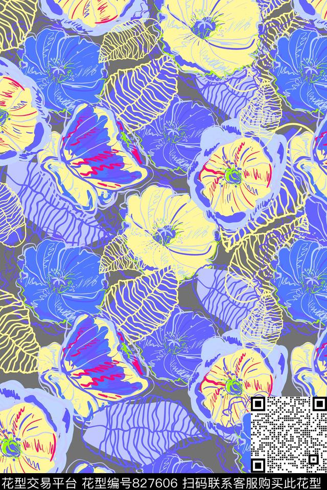 叶子大花花朵传统印花华亿平台下载（图片编号: 827606） - 瓦栏（Walan）