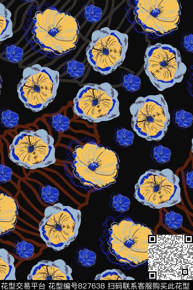 叶子大花花朵传统印花华亿平台下载（图片编号: 827638） - 瓦栏（Walan）