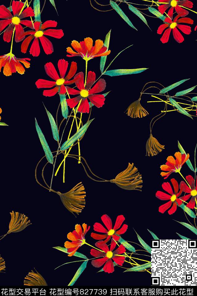 手绘花卉植物数码印花华亿平台下载（图片编号: 827739） - 瓦栏（Walan）