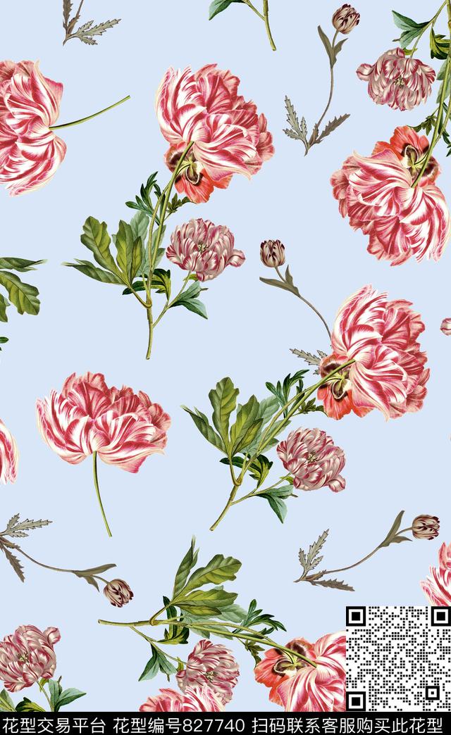 复古手绘郁金香花卉大花插画花卉数码印花华亿平台下载（图片编号: 827740） - 瓦栏（Walan）