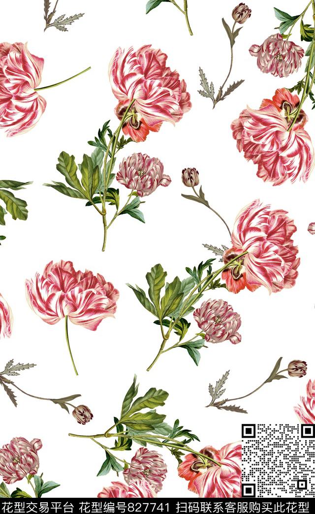 复古手绘郁金香花卉大花插画花卉数码印花华亿平台下载（图片编号: 827741） - 瓦栏（Walan）