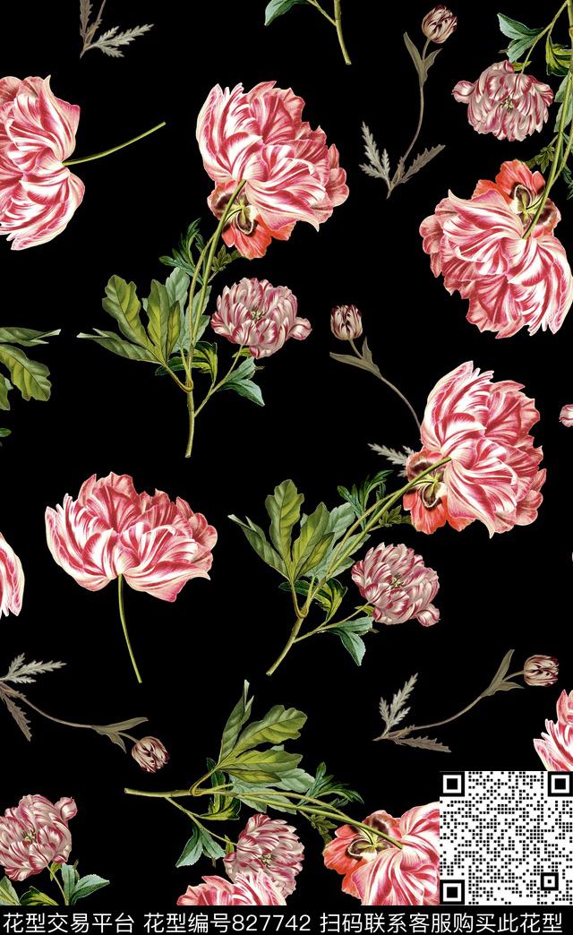 复古手绘郁金香花卉大花插画花卉数码印花华亿平台下载（图片编号: 827742） - 瓦栏（Walan）