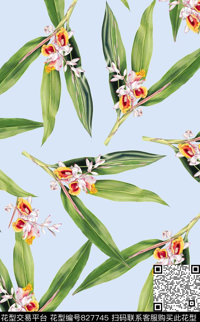 手绘竹叶花鹤望兰花建兰数码印花华亿平台下载（图片编号: 827745） - 瓦栏（Walan）