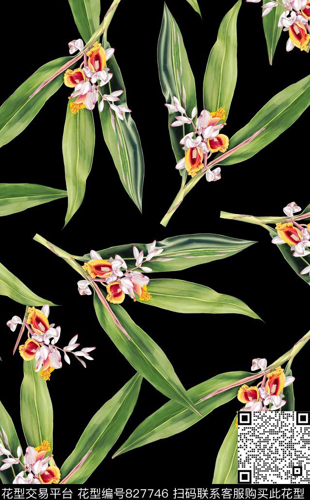 手绘竹叶花鹤望兰花建兰数码印花华亿平台下载（图片编号: 827746） - 瓦栏（Walan）