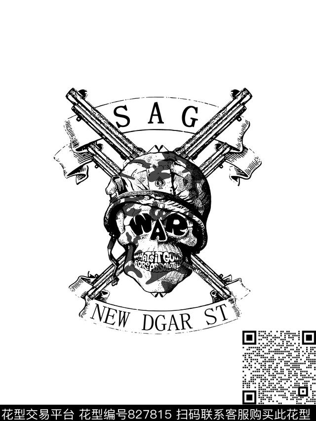 复古骷髅头枪男装T恤华亿平台传统印花华亿平台下载（图片编号: 827815） - 瓦栏（Walan）