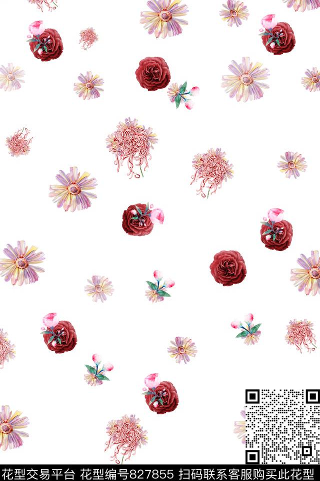 菊花玫瑰碎花数码印花华亿平台下载（图片编号: 827855） - 瓦栏（Walan）
