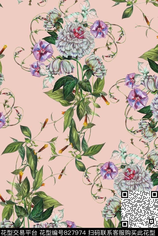 手绘植物藤条数码印花华亿平台下载（图片编号: 827974） - 瓦栏（Walan）