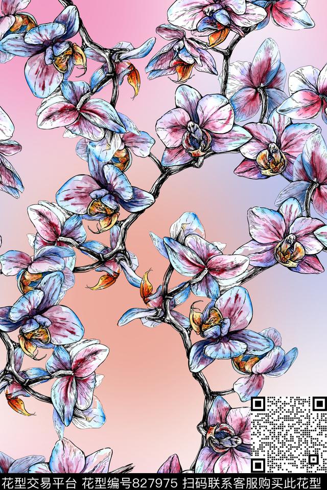 五彩线描植物数码印花华亿平台下载（图片编号: 827975） - 瓦栏（Walan）