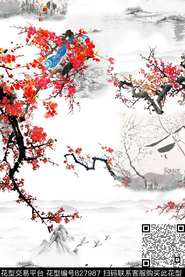 山水梅花喜鹊数码印花华亿平台下载（图片编号: 827987） - 瓦栏（Walan）
