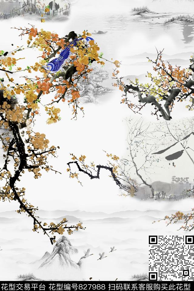 山水梅花喜鹊数码印花华亿平台下载（图片编号: 827988） - 瓦栏（Walan）